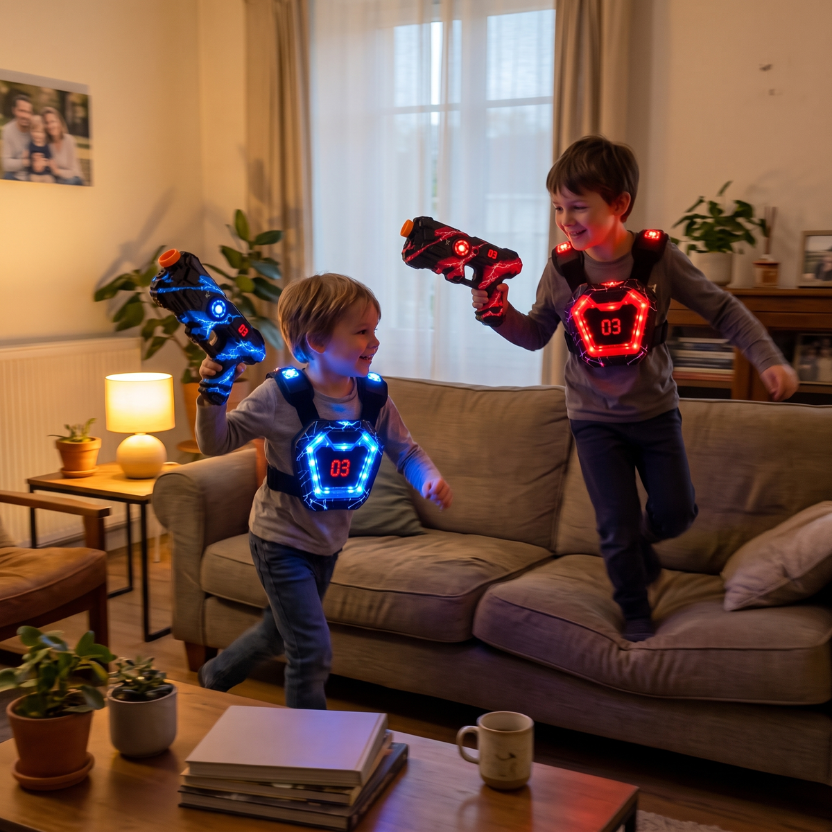 Enfants qui jouent au laser game dans le salon, gilets allumés
