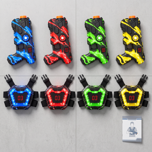 Contenu du pack Équipe : 4 blasters, 4 gilets, guide de démarrage