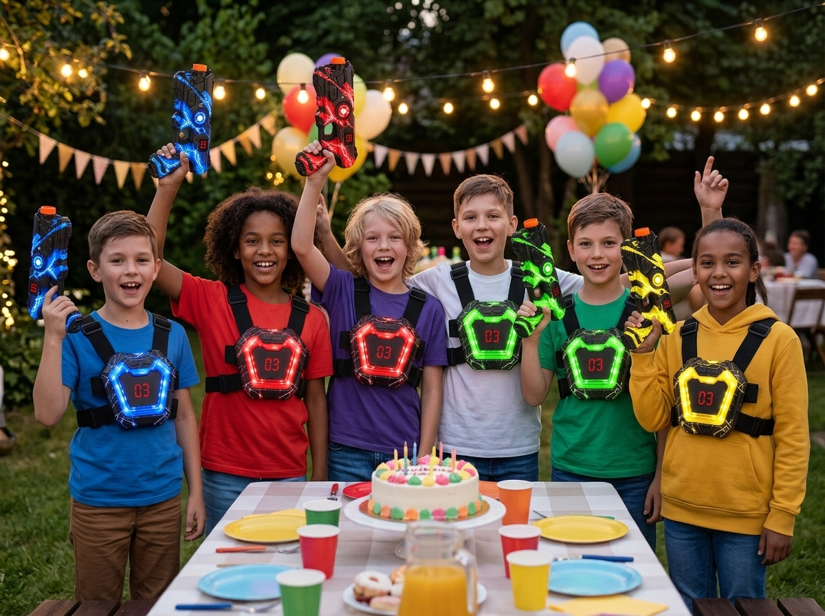 Anniversaire laser game dans le jardin, enfants en gilets Lumo Arena