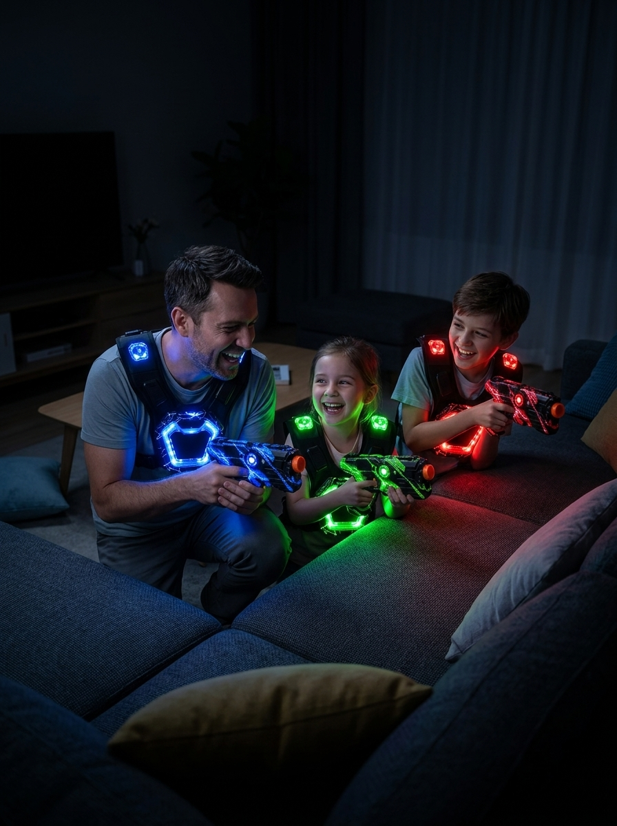 Papa et enfants en pleine partie de laser game dans le salon