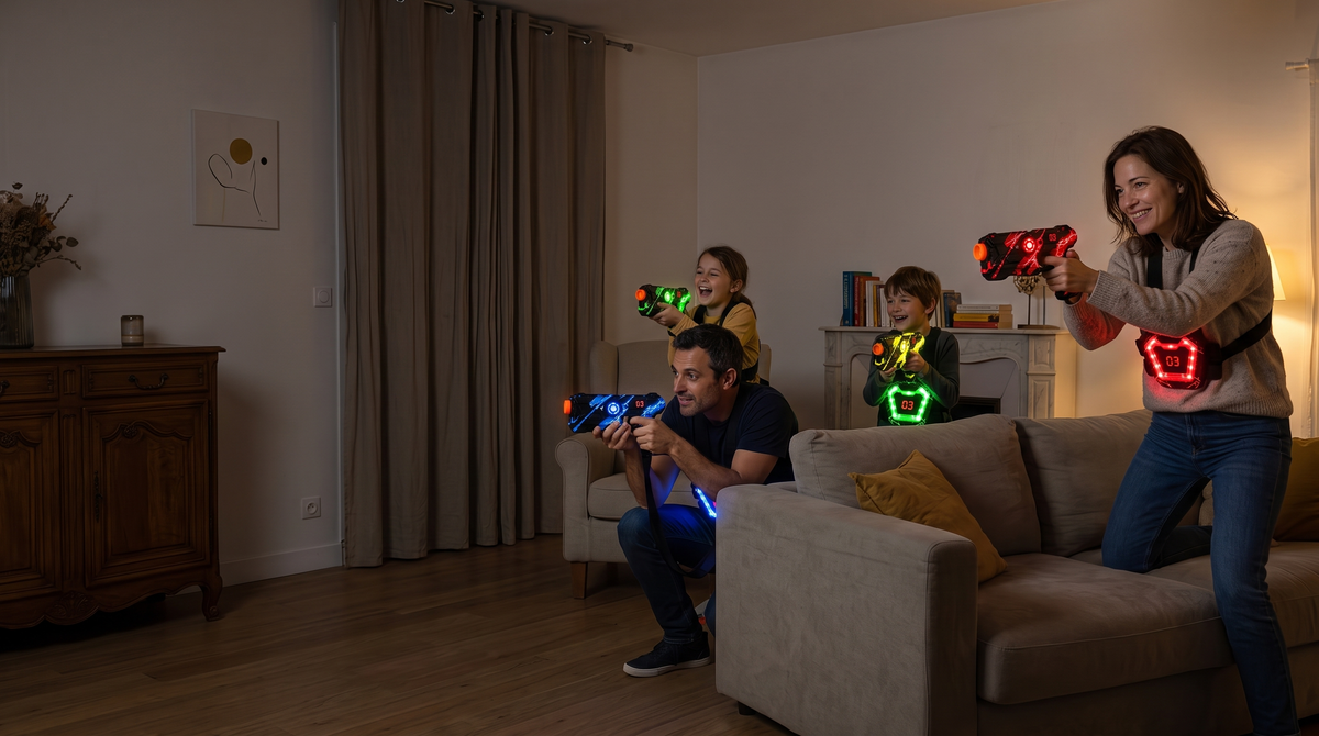 Famille qui joue au laser game Lumo Arena dans le salon